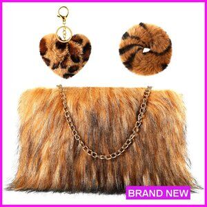Faux Fur Handbag Set with Keychain and Hair Tie Y2K Chic Party Accessories